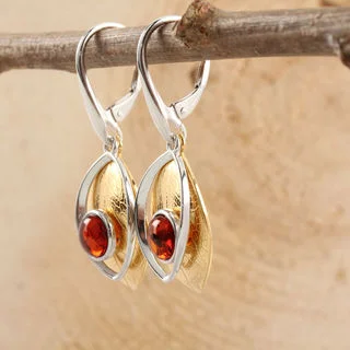 Leaf Design Overlay Sterling Silver Baltic Amber Earrings