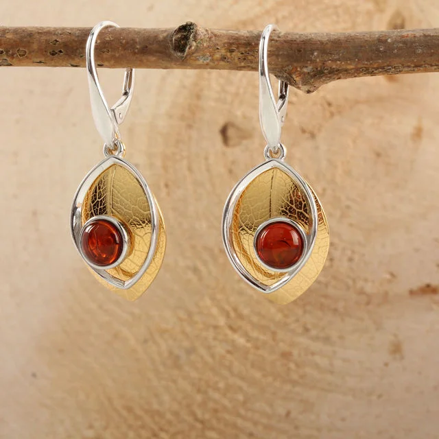 Cognac Baltic Amber Yellow Gold Plated Drop Earrings