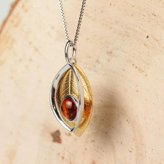 Sterling Silver Baltic Amber Leaf Design Pendant