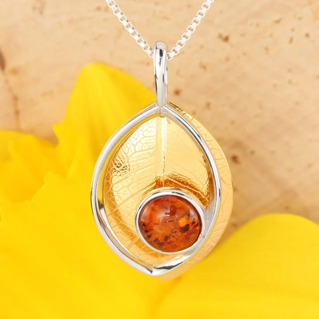 Honey Baltic Amber Leaf Gold Plated Sterling Silver Pendant