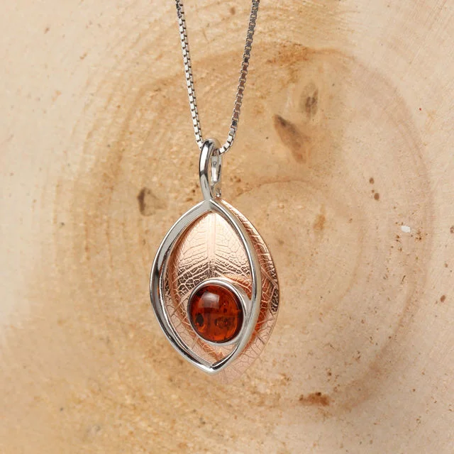 Rose Gold Plated Baltic Amber Leaf Pendant