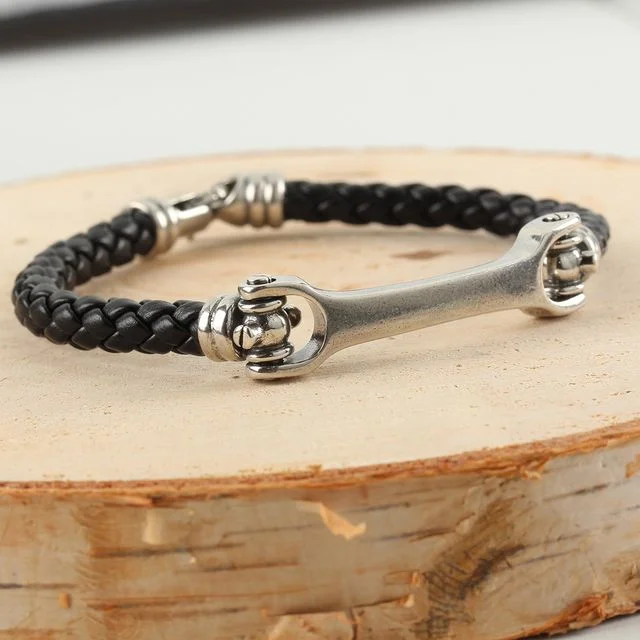 Men's Oxidised Braided Sterling Silver Spanner Bracelet