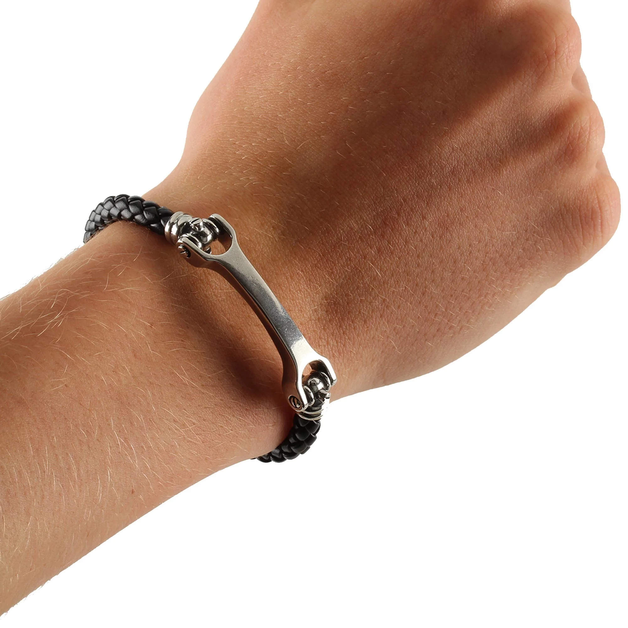 Men s Oxidised Sterling Silver Spanner Bracelet With Imitation Leather