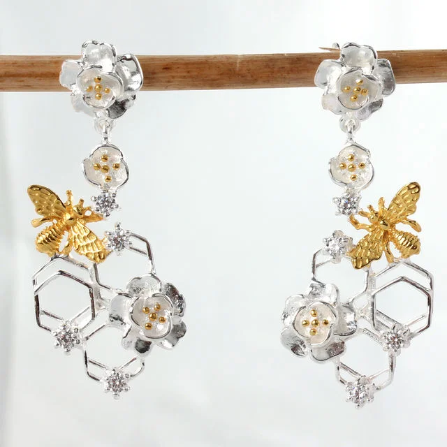 Gold Plated Sterling Silver Cubic Zirconia Bee Drop Earrings