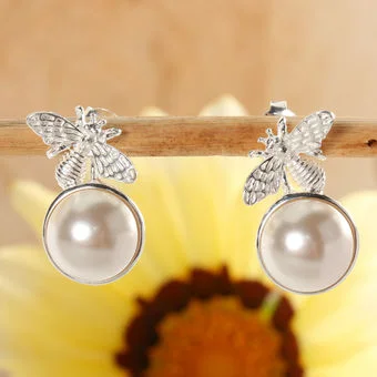 Sterling Silver Swarovski Pearl Bee Stud Earrings