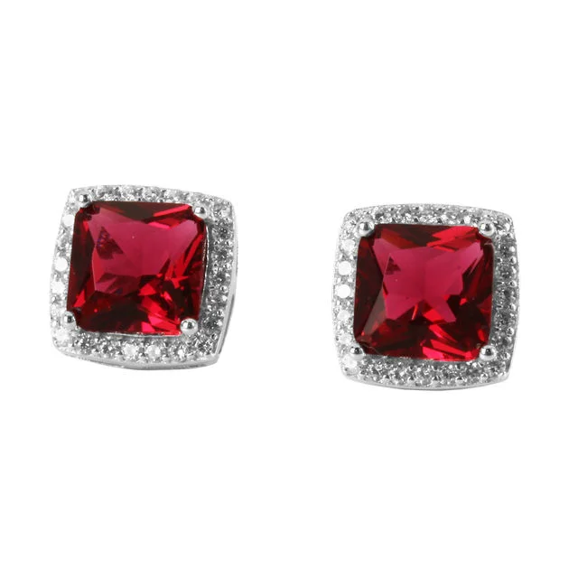 Rhodium Plated Sterling Silver Ruby Cubic Zirconia Earrings