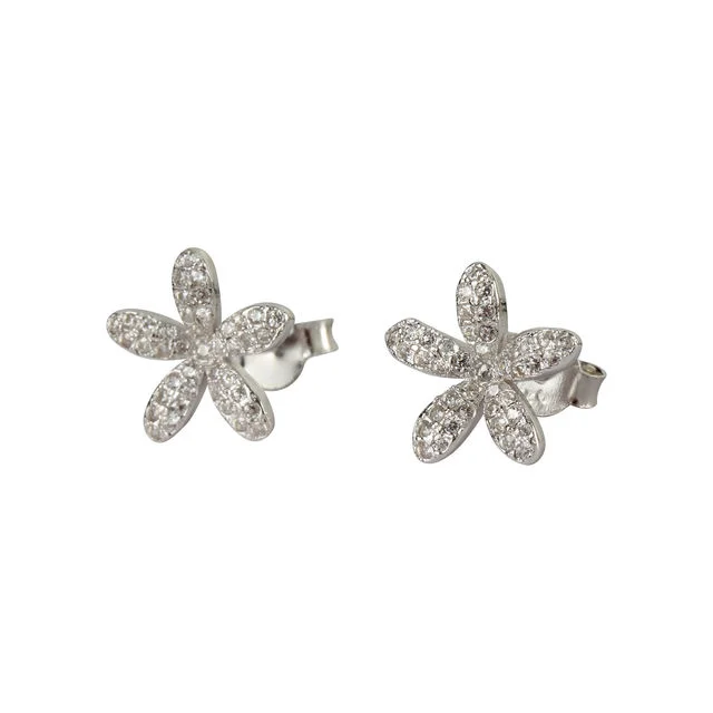 Rhodium Plated Sterling Silver Cubic Zirconia Flower Earrings