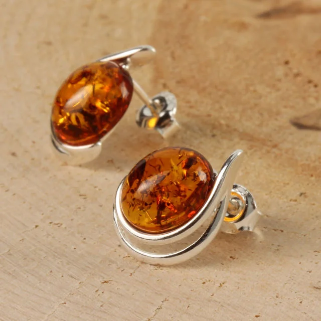 Oval Shaped Honey Baltic Amber Double Swirl Sterling Silver Earrings