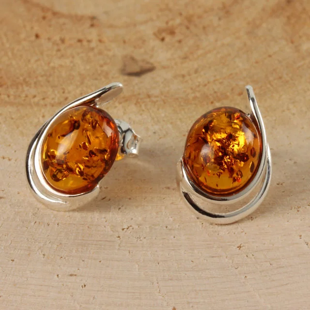 Solid Sterling Silver Honey Baltic Amber Double Swirl Earrings