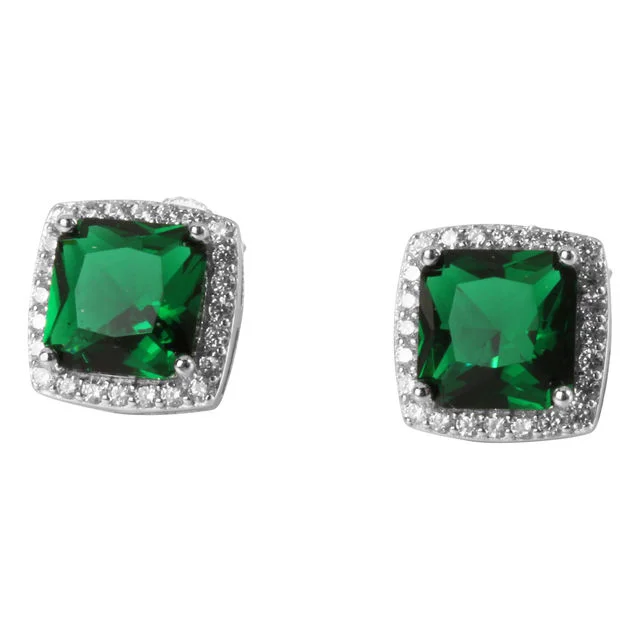 Emerald Cubic Zirconia Halo Sterling Silver Stud Earrings