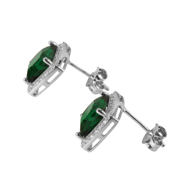 Rhodium Plated Sterling Silver Emerald Cubic Zirconia Earrings