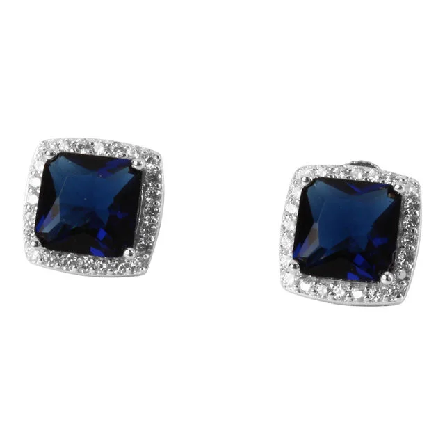 Square Blue Sapphire Cubic Zirconia Sterling Silver Halo Earrings
