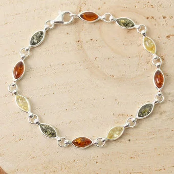 Marquise Multicoloured Baltic Amber Sterling Silver Bracelet
