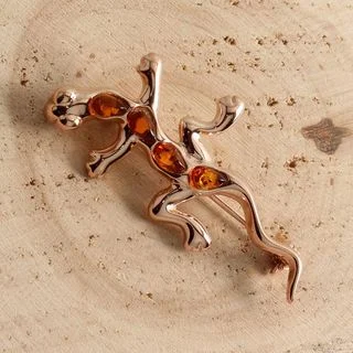 Cognac Baltic Amber Sterling Silver Gecko Brooch