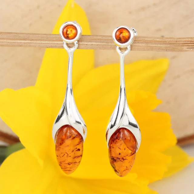 Honey Baltic Amber Tulip Bud Sterling Silver Drop Earrings