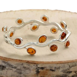 Sterling Silver Baltic Amber Hinged Nature Bangle