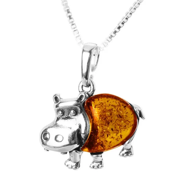 Honey Baltic Amber Sterling Silver Hippo Pendant