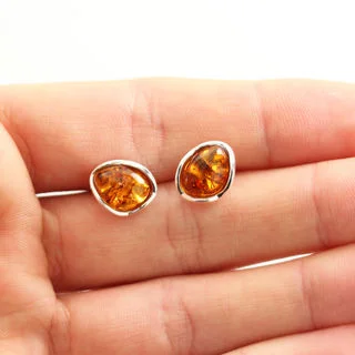 Wavy Edged Sterling Silver Amber Stud Earrings