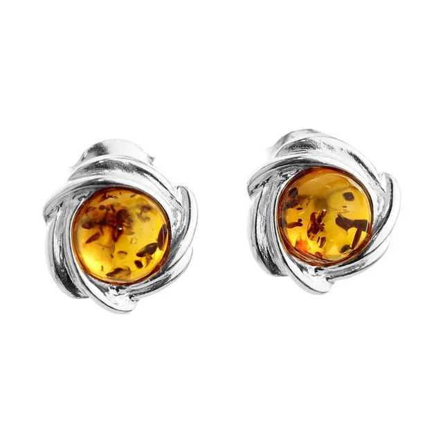 Sterling Silver Round Honey Baltic Amber Stud Earrings