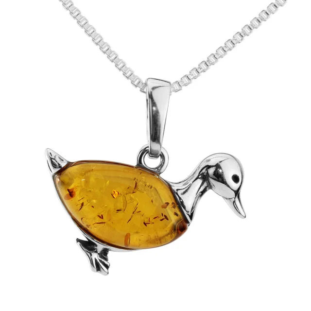 Sterling Silver Honey Baltic Amber Duck Pendant With Chain