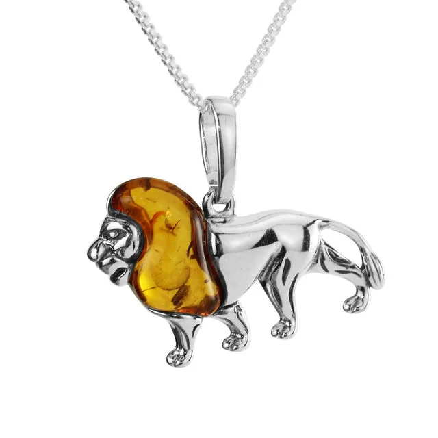 Polished Sterling Silver Honey Baltic Amber Lion Pendant