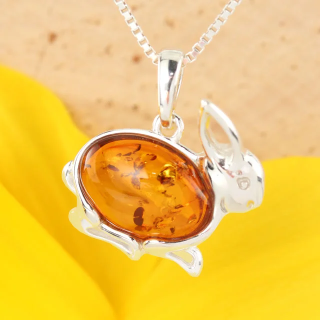 Honey Baltic Amber Rabbit Sterling Silver Pendant