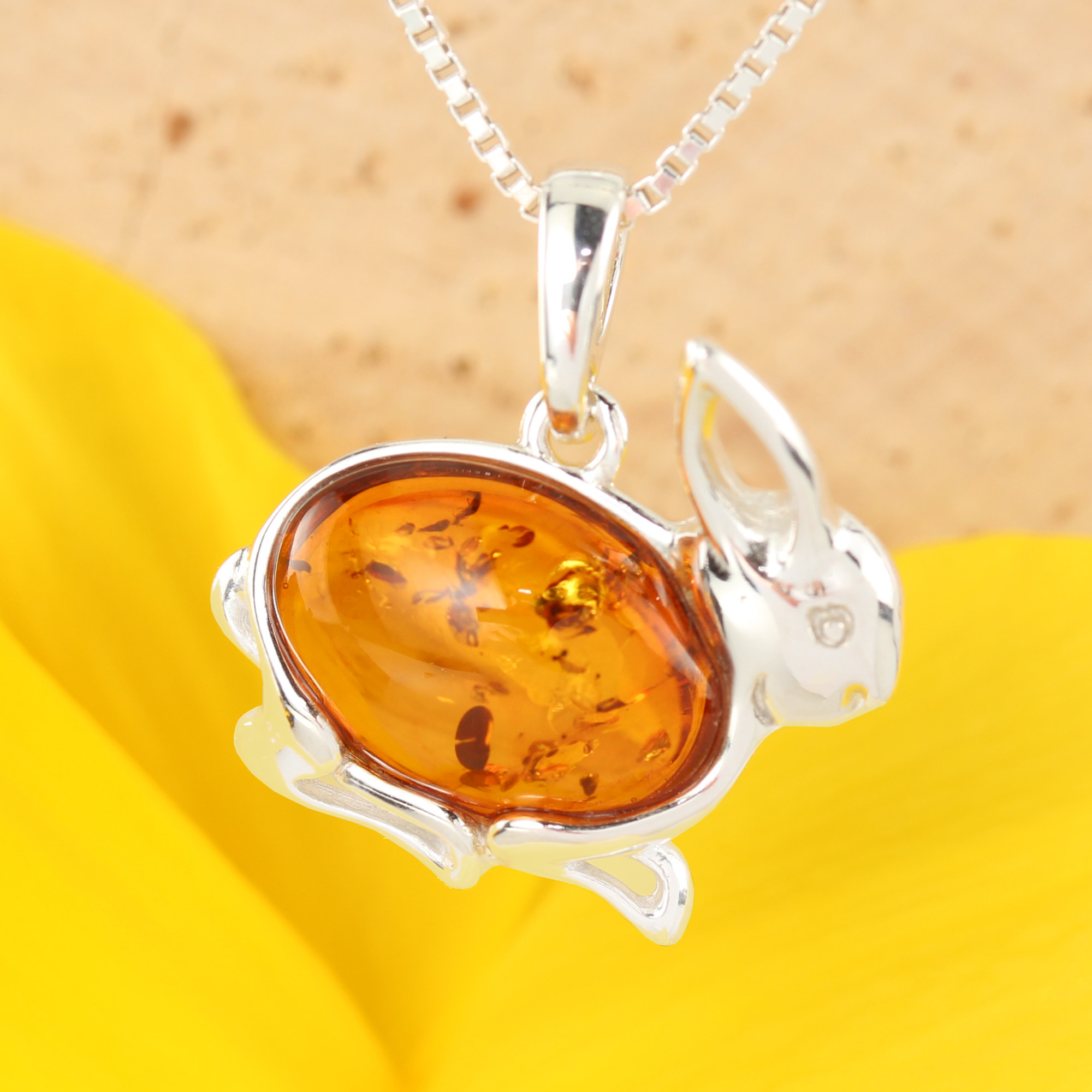 Honey Baltic Amber Sterling Silver Rabbit Pendant