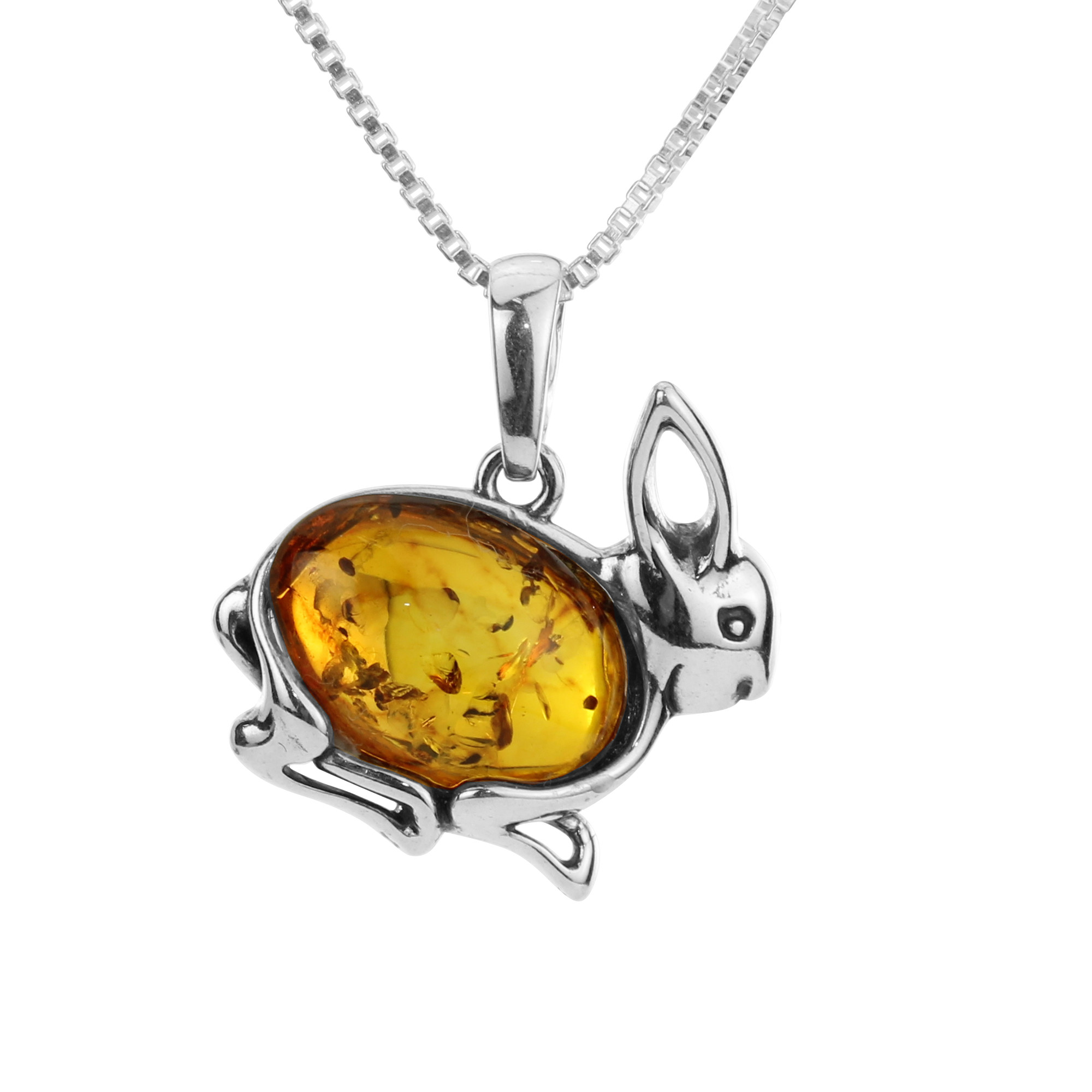 14 16 18 20 22 24 26 28 30 32 34 1mm ITALIAN SNAKE CHAIN BALTIC AMBER AND STERLING SILVER 925 RABBIT PENDANT NECKLACE