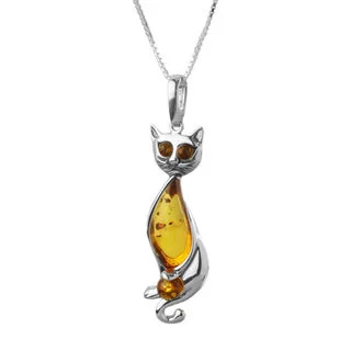 Sterling Silver Honey Baltic Amber Cat On A Ball Pendant