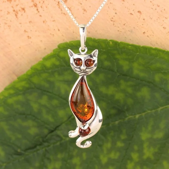 Honey Baltic Amber Sterling Silver Cat Pendant