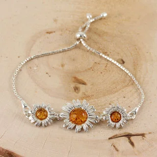 Sterling Silver Honey baltic Amber Sunflower Adjustable Slider Bracelet