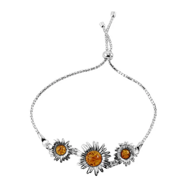 Golden Honey Baltic Amber Sterling Silver Sunflower Bracelet