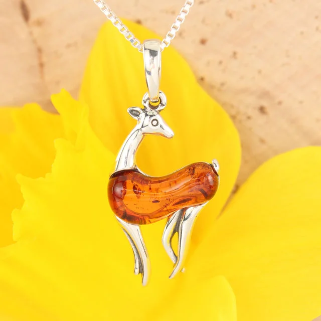 Honey Baltic Amber Deer Sterling Silver Pendant