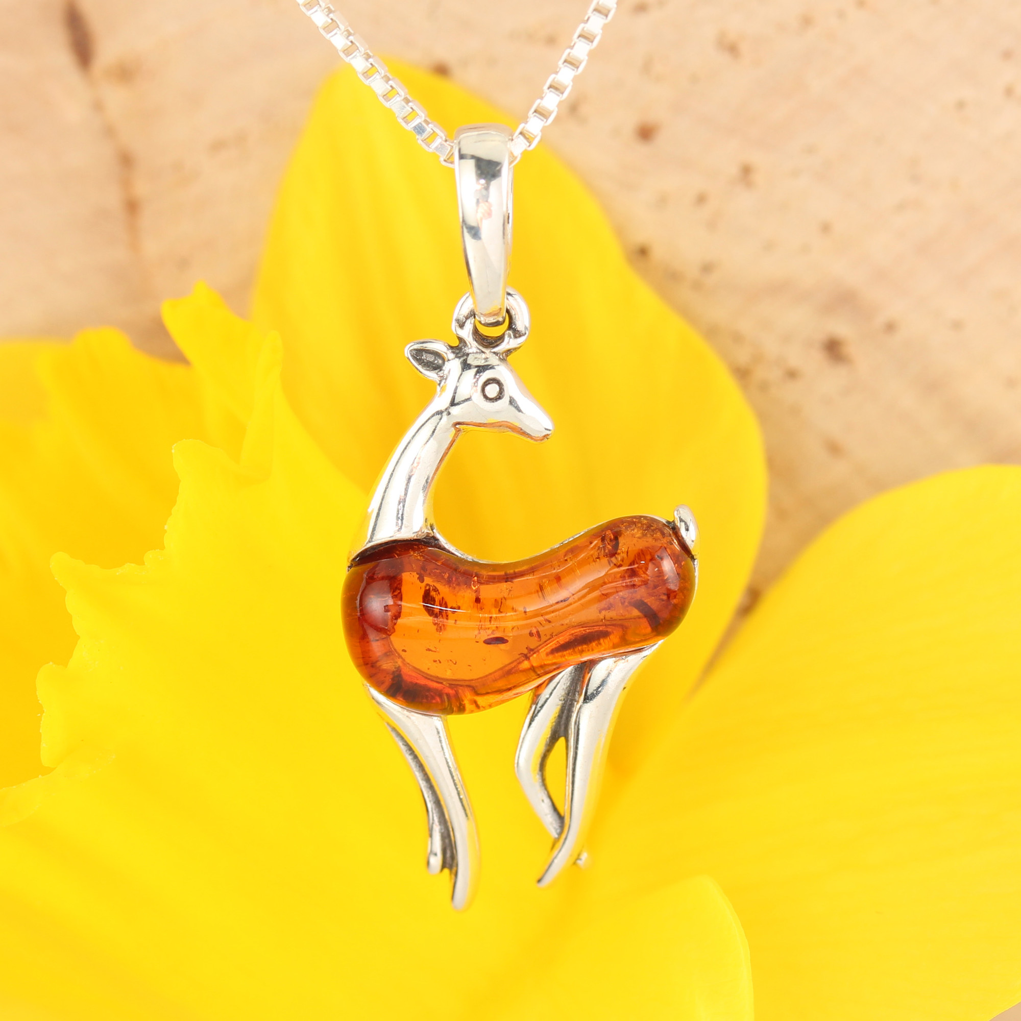 Cognac Baltic Amber Sterling Silver Deer Pendant