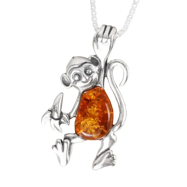 Honey Baltic Amber Monkey Sterling Silver Pendant 