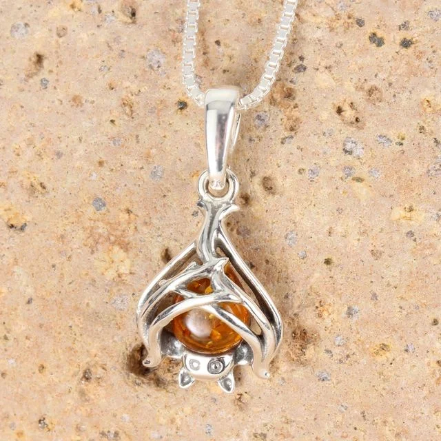 Cognac Baltic Amber Bat Sterling Silver Pendant