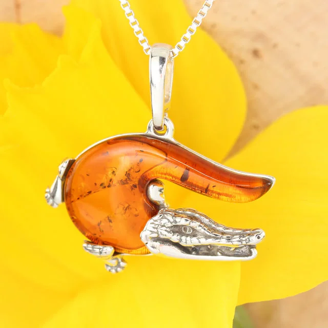 Honey Baltic Amber Crocodile Sterling Silver Pendant