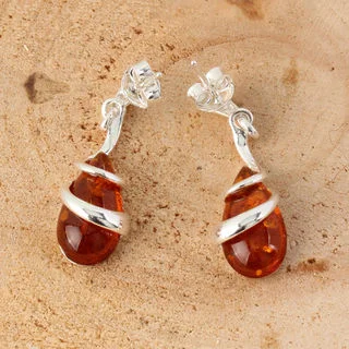 Sterling Silver Cognac Baltic Amber Double Wrap Drop Earrings