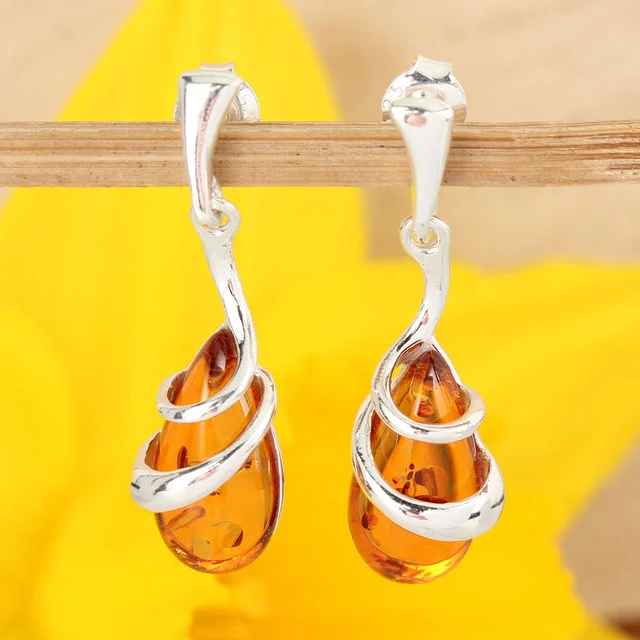 Honey Baltic Amber Wrap Over Silver Earrings