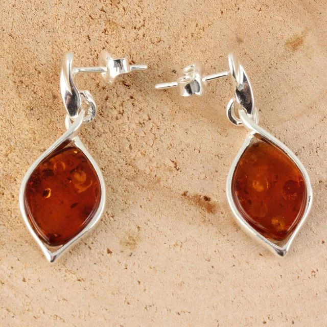 Leaf Inspired Cognac Baltic Amber Sterling Silver Drop Earrings