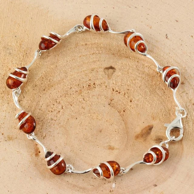 Double wrap Over Sterling Silver Cognac Baltic Amber Bracelet