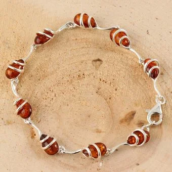 Double Wrap Over Cognac Baltic Amber Sterling Silver Bracelet
