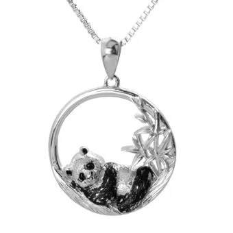 Rhodium Plated Sterling Silver Panda With Bamboo Pendant