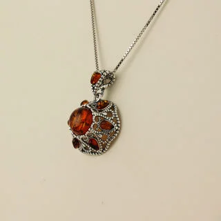 Filigree Style Honey Baltic Amber Domed Sterling Silver Pendant