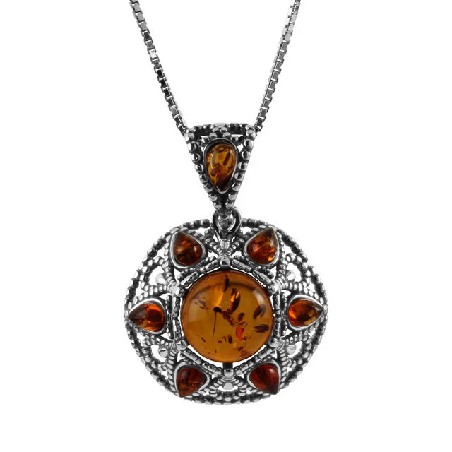 Honey Baltic Amber Filigree Style Sterling Silver Pendant