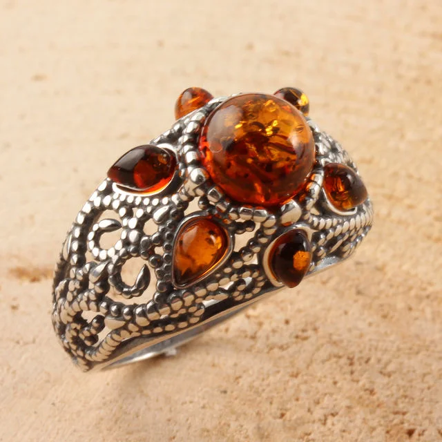 Round and Pear Shaped Baltic Amber Sterling Silver Ring