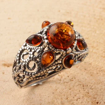 Honey Baltic Amber Filigree Style Domed Shaped Sterling Silver Ring Honey Baltic Amber Filigree Style Domed Shaped Sterling Silver Ring