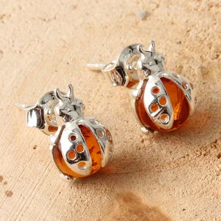 Honey Baltic Amber Ladybird Silver Stud Earrings