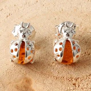 Sterling Silver Honey Baltic Amber Ladybird Stud Earrings