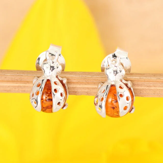 Honey Baltic Amber Ladybird Sterling Silver Earrings